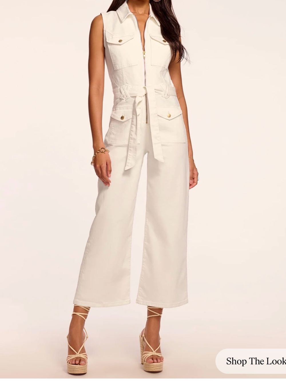 Ramy Brook Sleeveless Cream Denim Jumpsuit with Tie Waist